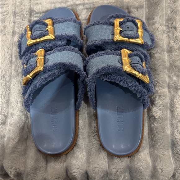 SCHUTZ Blue Sandals with Gold Buckles - Picture 5 of 6